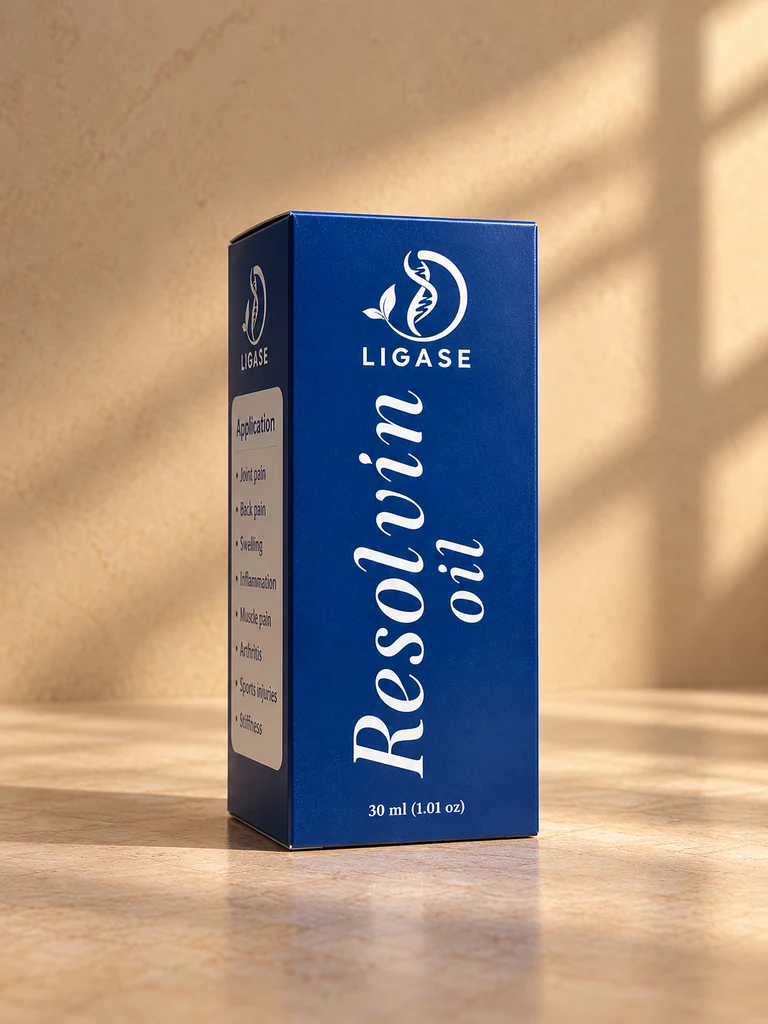 Front of the LIGASE Resolvin Oil 30 ml blue carton