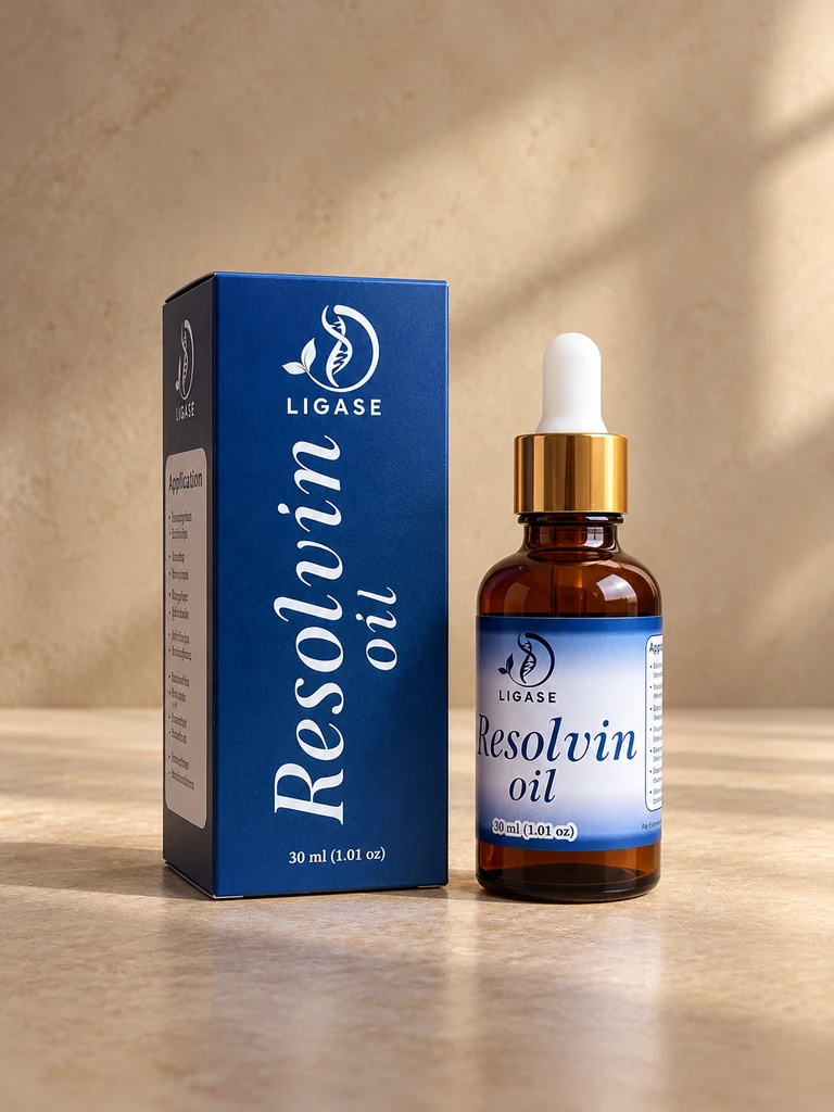 LIGASE Resolvin Oil 30 ml amber dropper bottle beside its blue carton