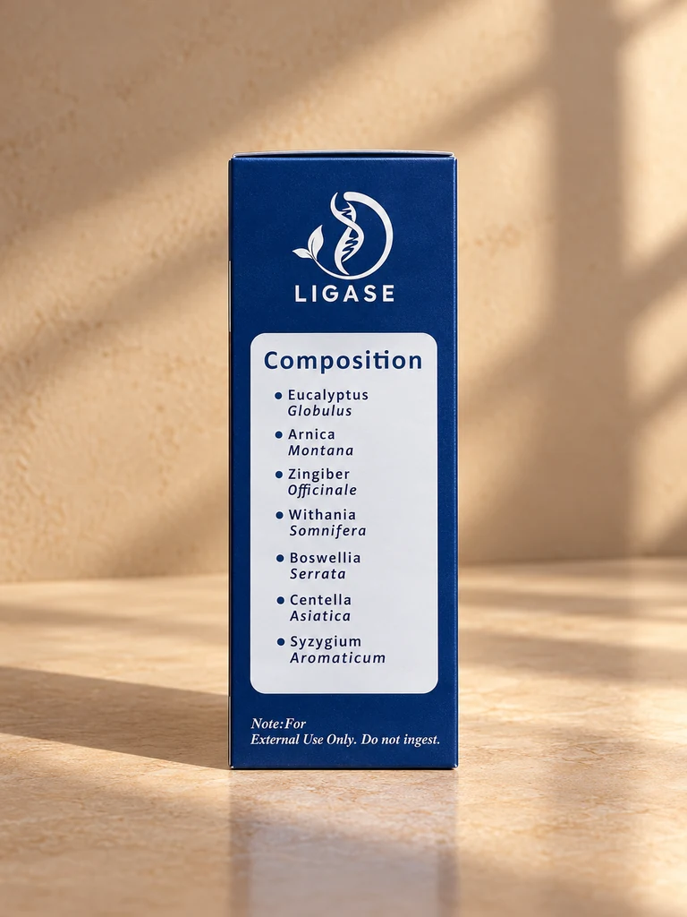 Composition panel listing all seven botanicals and the external-use warning